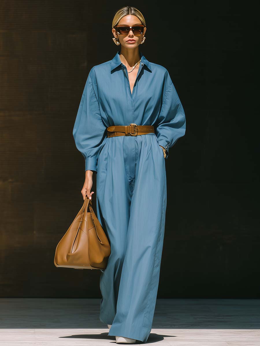 Temperamental And Fashionable Street Bat Sleeve Belt Blue Shirt-style Jumpsuit