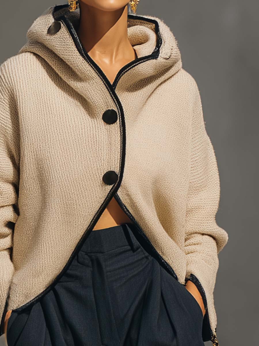 Comfortable And Fashionable Urban Black Trim Front Button Hooded Beige Knitted Cardigan