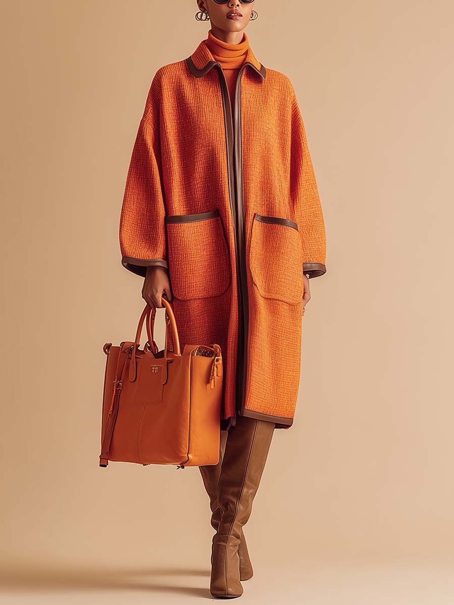 Temperamental And Fashionable Lapel Front Zipper Brown Leather Trim Orange Straight Coat