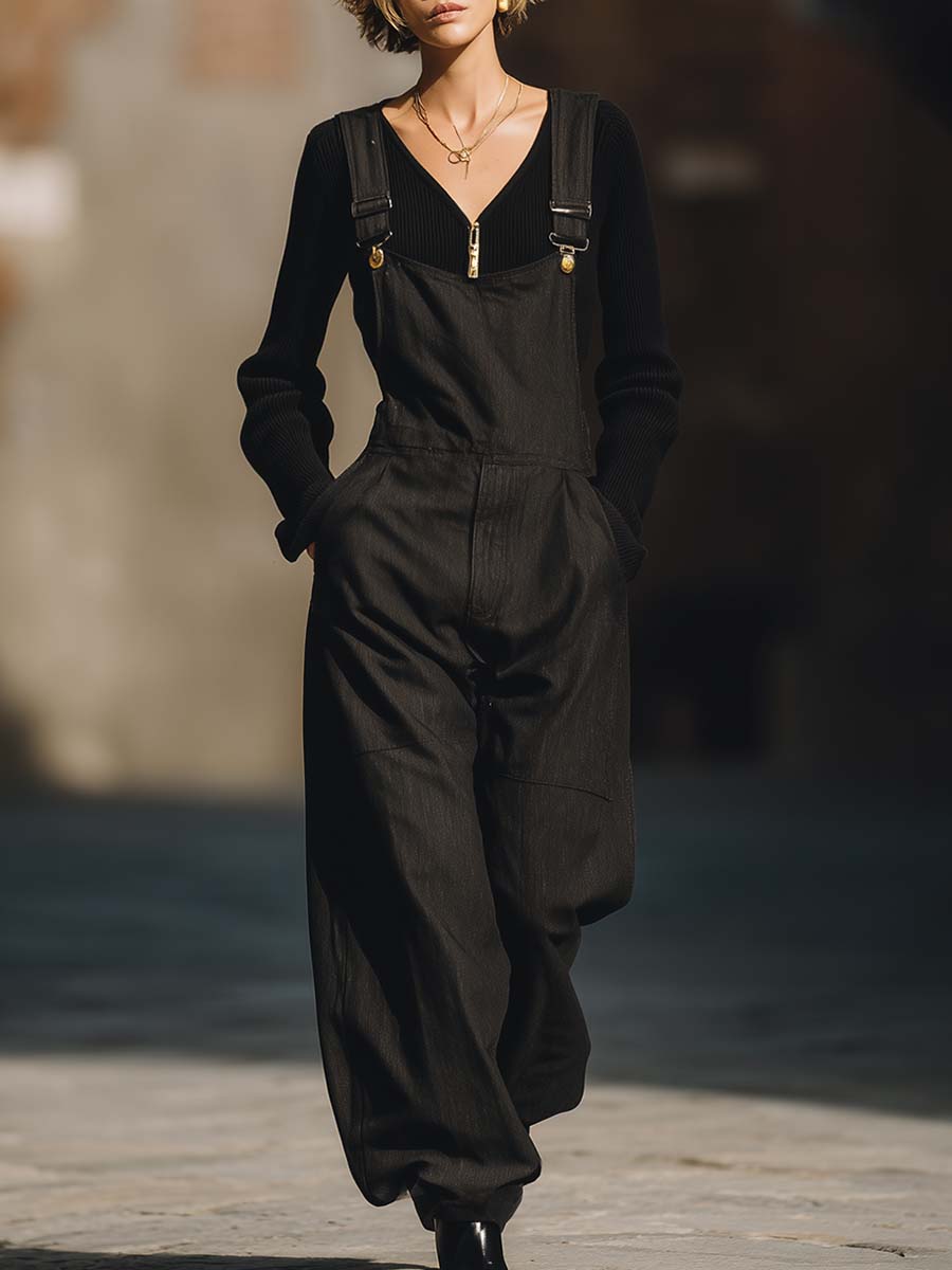 Classic Simple And Versatile Black High-quality Denim Wide-leg Jumpsuit