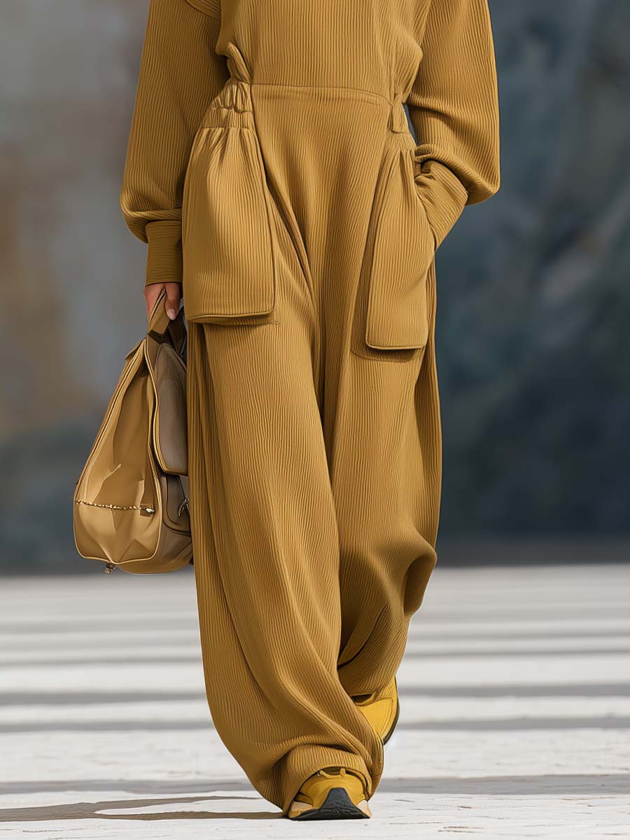 Temperament And Comfort Contrast Color V-neck Large Pocket Ginger Yellow Knitted Loose Jumpsuit