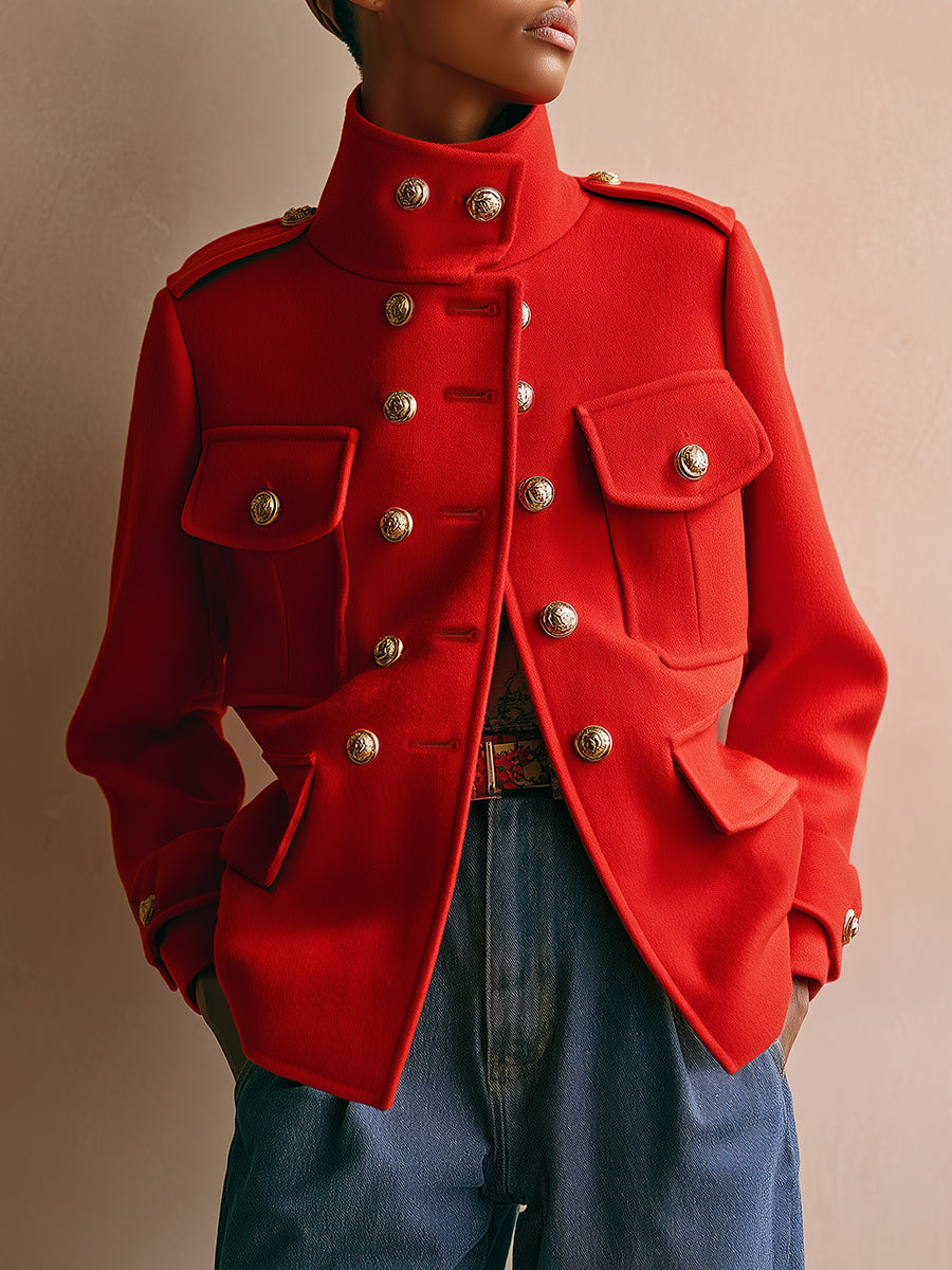 Vintage Loose Gold Button Red Wool Jacket