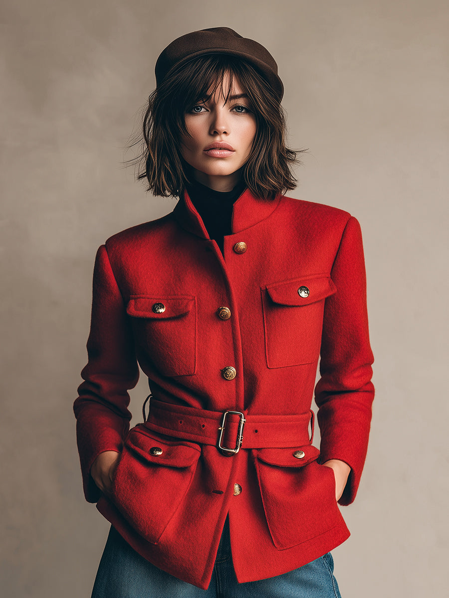 Fashionable Retro Workwear Belt Red Woolen Jacket