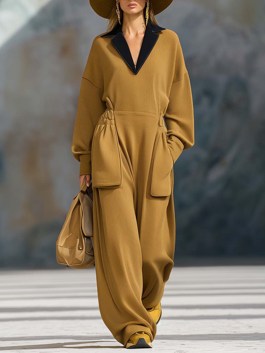 Temperament And Comfort Contrast Color V-neck Large Pocket Ginger Yellow Knitted Loose Jumpsuit