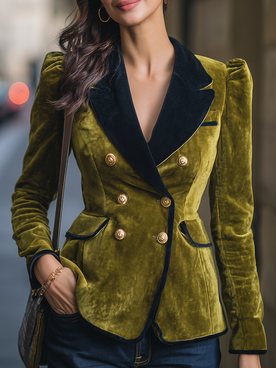 Retro Elegant Contrast Lapel Velvet Blazer