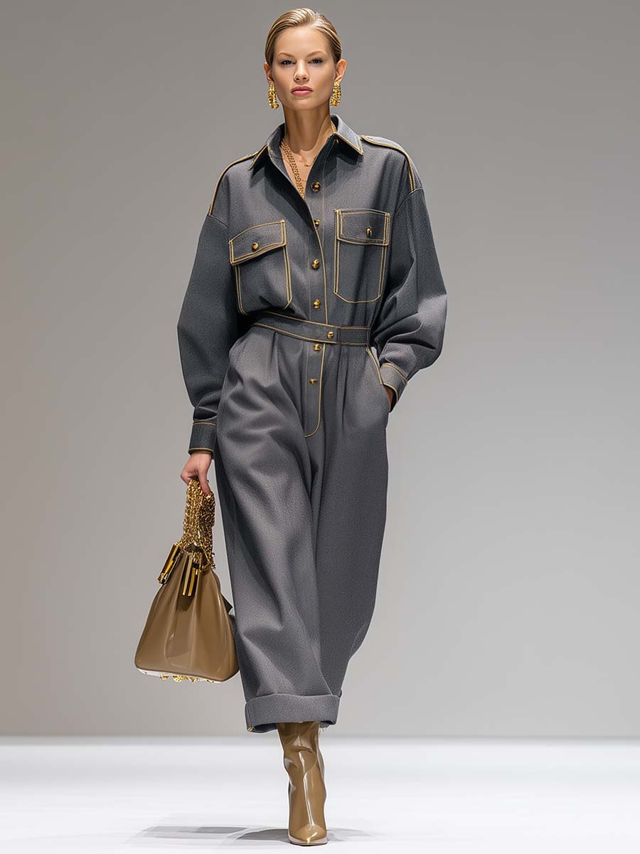 Exquisite Casual Front Button Batwing Sleeve Waisted Gray Jumpsuit