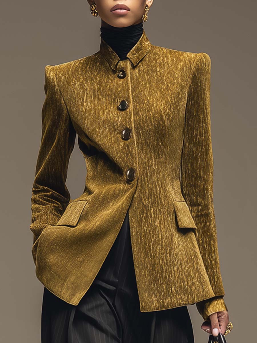 Vintage Temperament Front Button Lapel Gold Velvet Blazer Style X-shaped Tailored Jacket