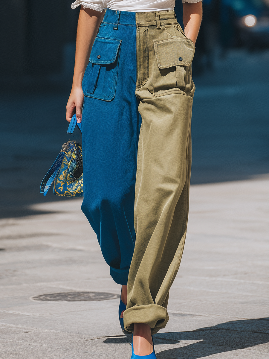 Retro Contrast Multi-Pocket Denim Cargo Pants