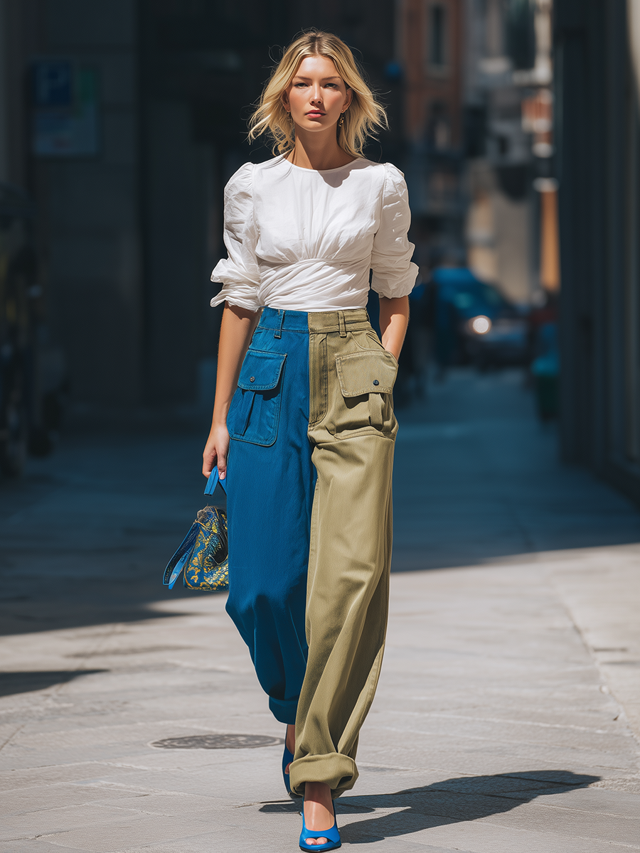 Retro Contrast Multi-Pocket Denim Cargo Pants