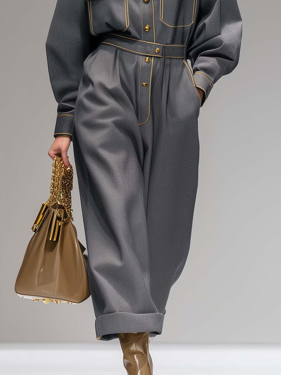 Exquisite Casual Front Button Batwing Sleeve Waisted Gray Jumpsuit