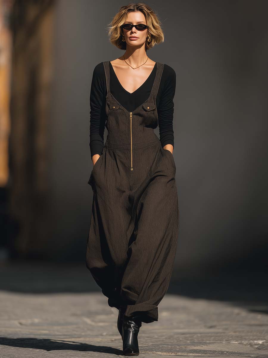 Vintage Casual Urban V-neck Front Zipper Brown Textured Jumpsuit Overalls
