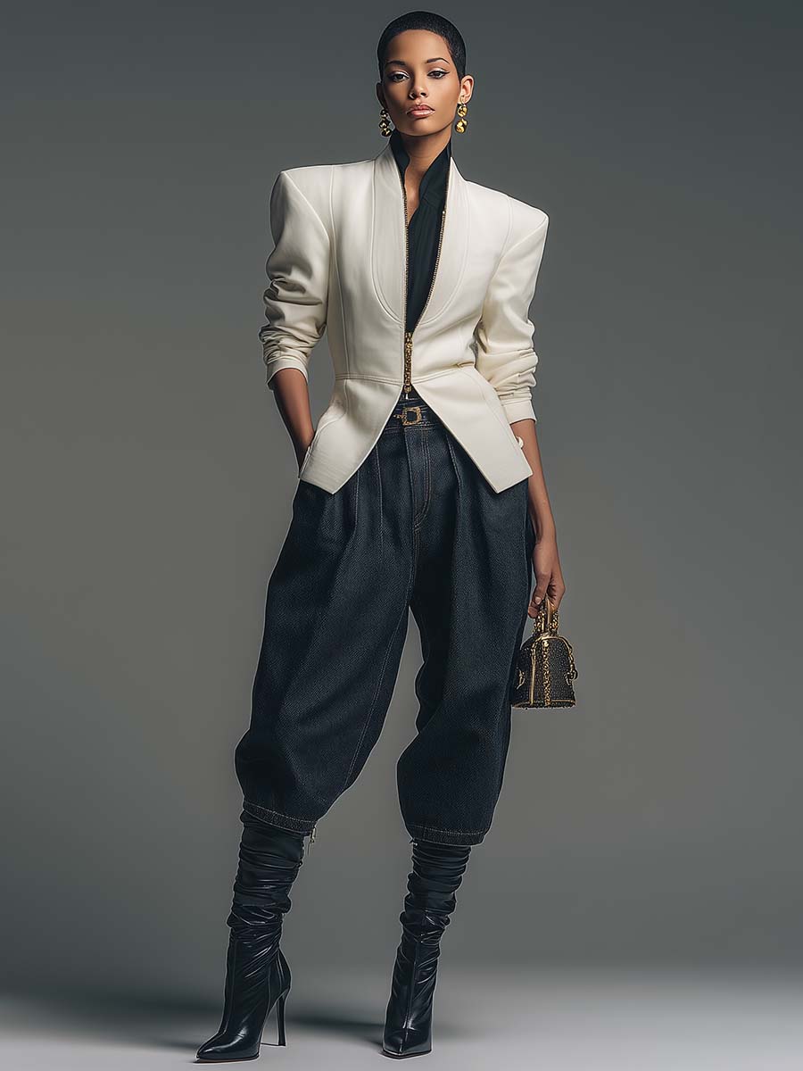 Handsome And Versatile Urban Wide Shoulder Collarless Front Zipper X-shaped White Blazer