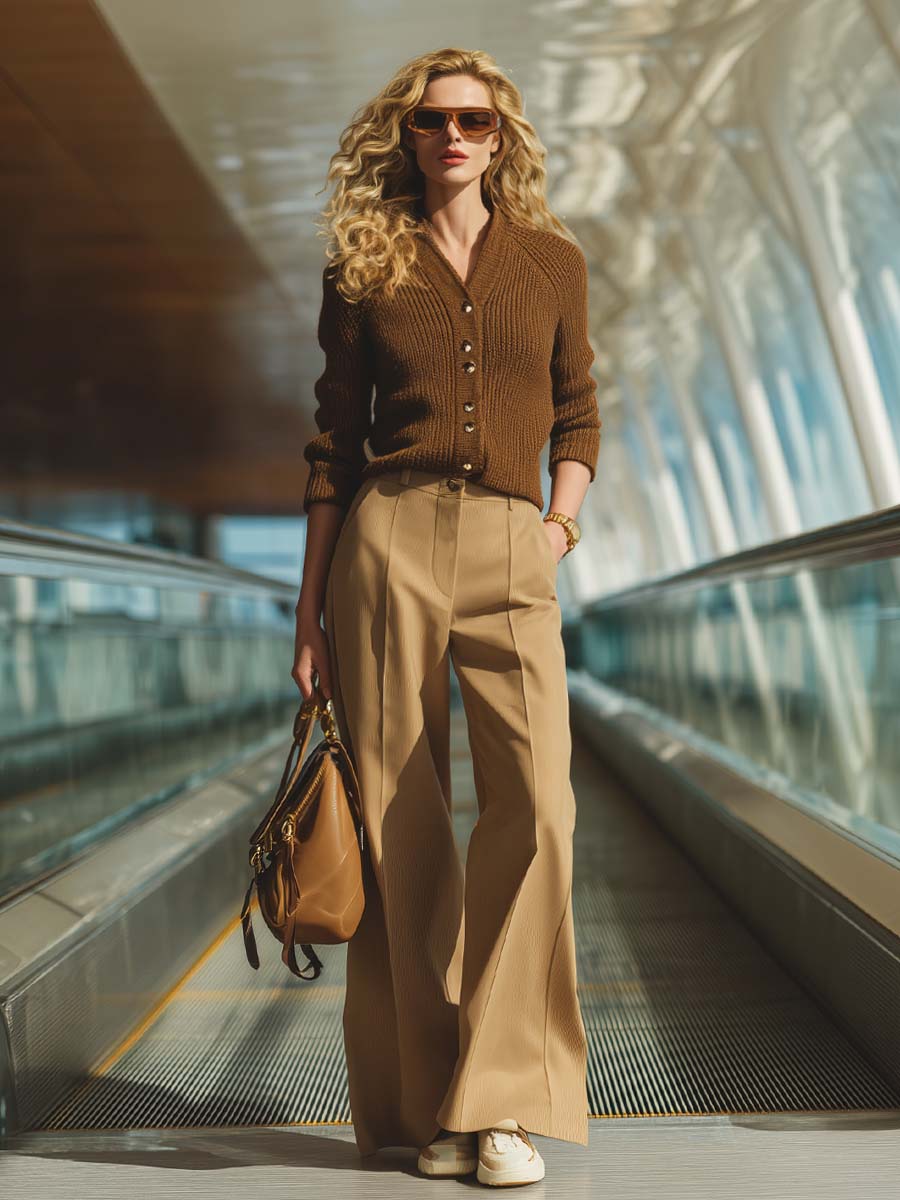 Classic Simple And Versatile Light Brown Worsted Wool Straight-leg Pants
