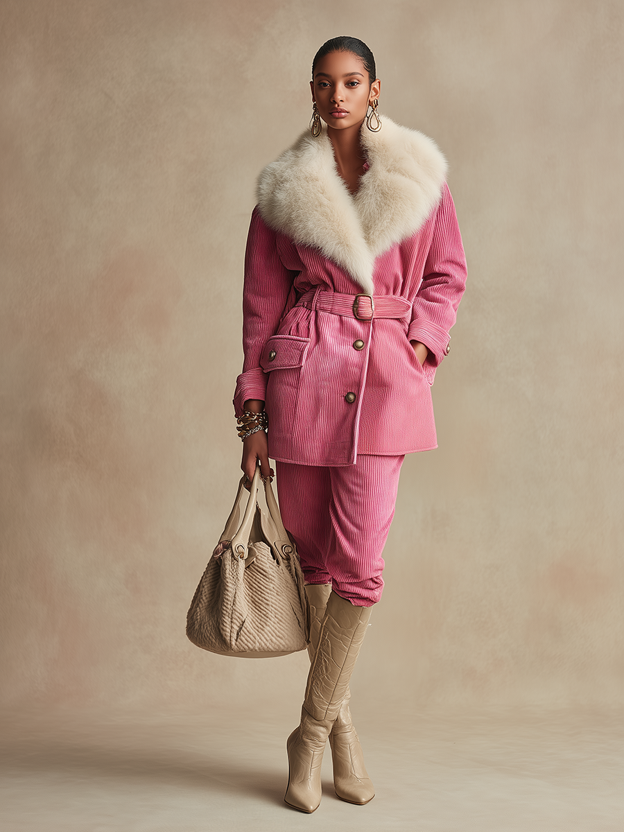 Vintage Elegant Faux Fur Lapel Corduroy Coat