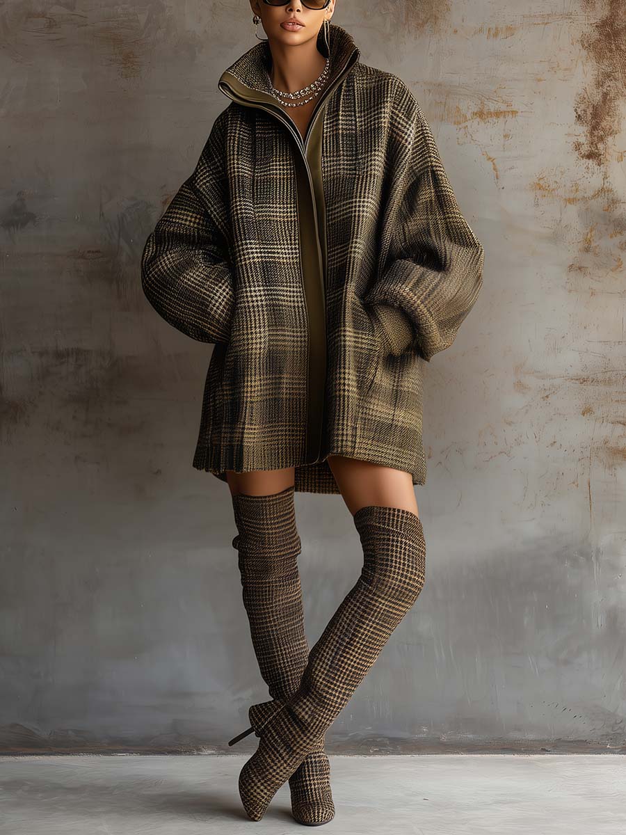 Retro Versatile Loose Lapel Front Zipper Leather Trim Olive Green Plaid Wool Coat