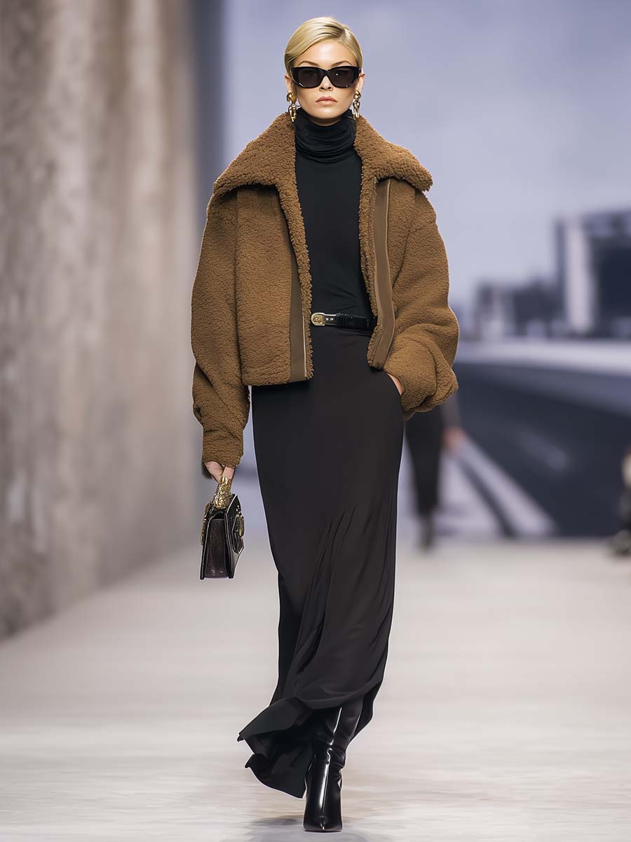 Exquisite And Fashionable Urban Large Lapel Brown Polar Fleece Jacket