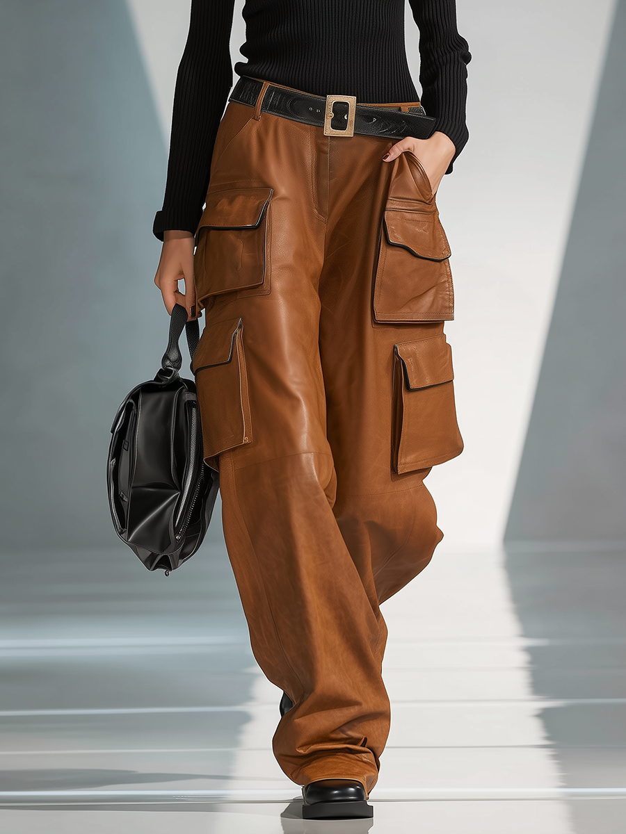 Vintage Multi-Pocket Faux Leather Cargo Pants