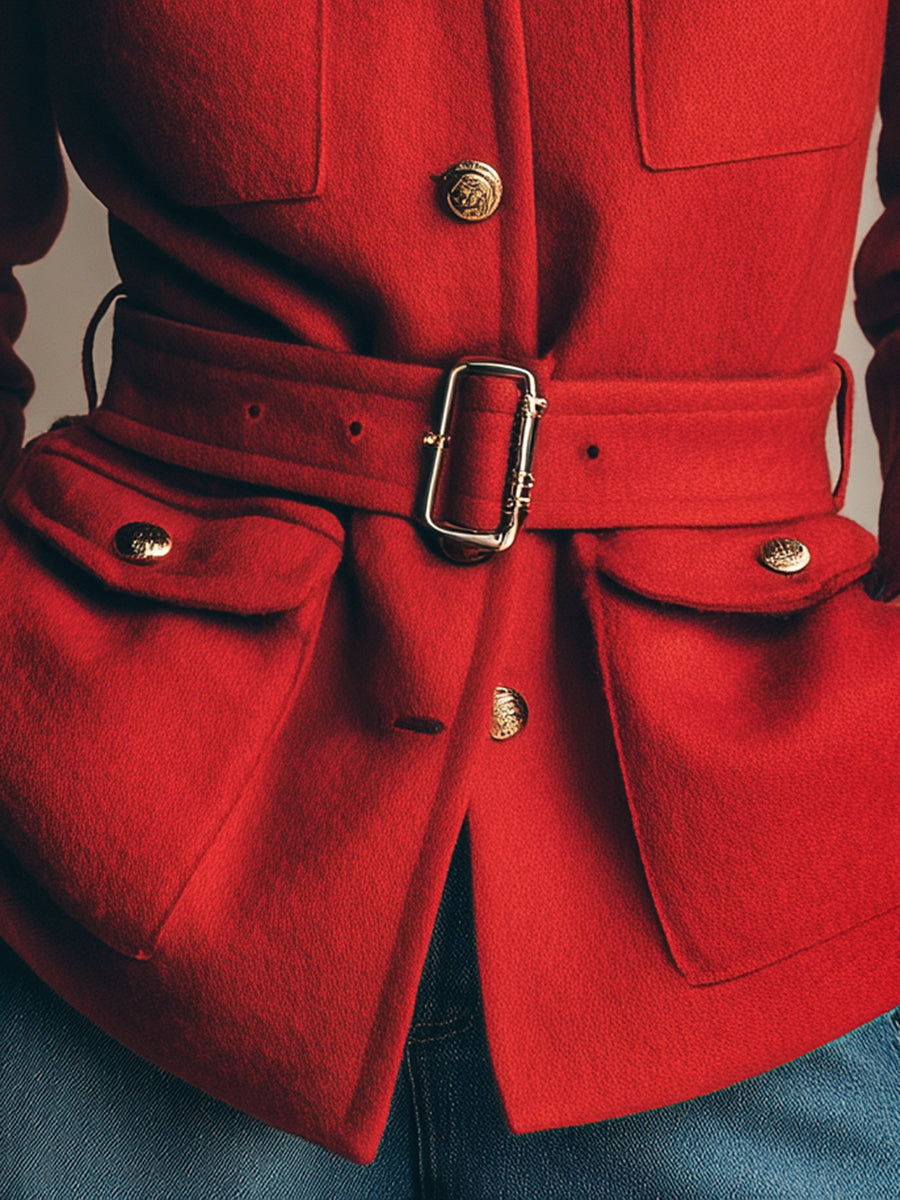 Fashionable Retro Workwear Belt Red Woolen Jacket
