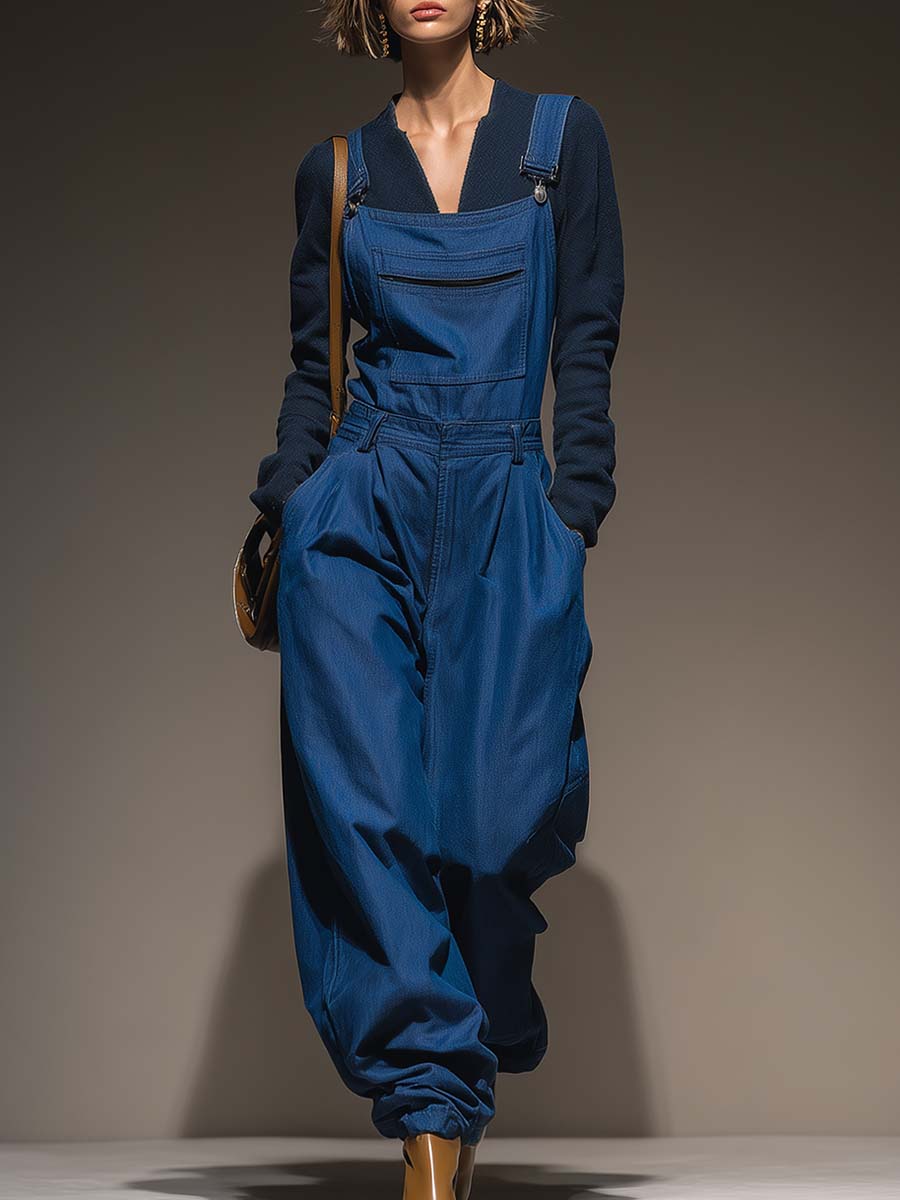 Versatile And Casual High-quality Blue Denim Pocket Jumpsuit Overalls