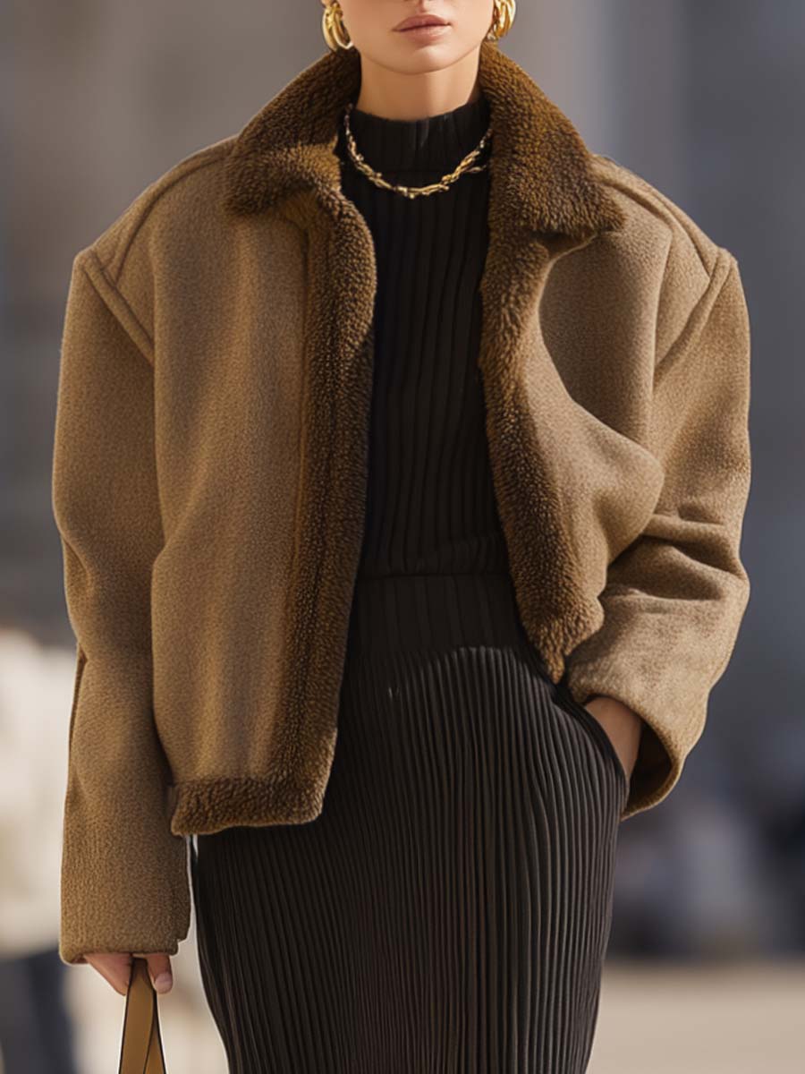 Temperament Simple And Versatile Brown Woolen Wide Shoulder Lapel Jacket