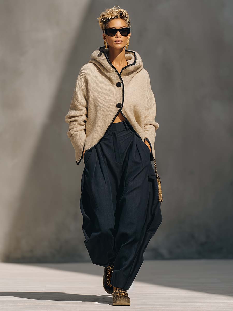 Comfortable And Fashionable Urban Black Trim Front Button Hooded Beige Knitted Cardigan