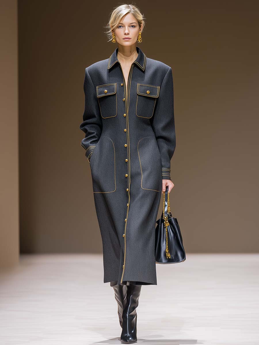Exquisite Urban Yellow Trim Front Button Gray Herringbone Long Trench Coat