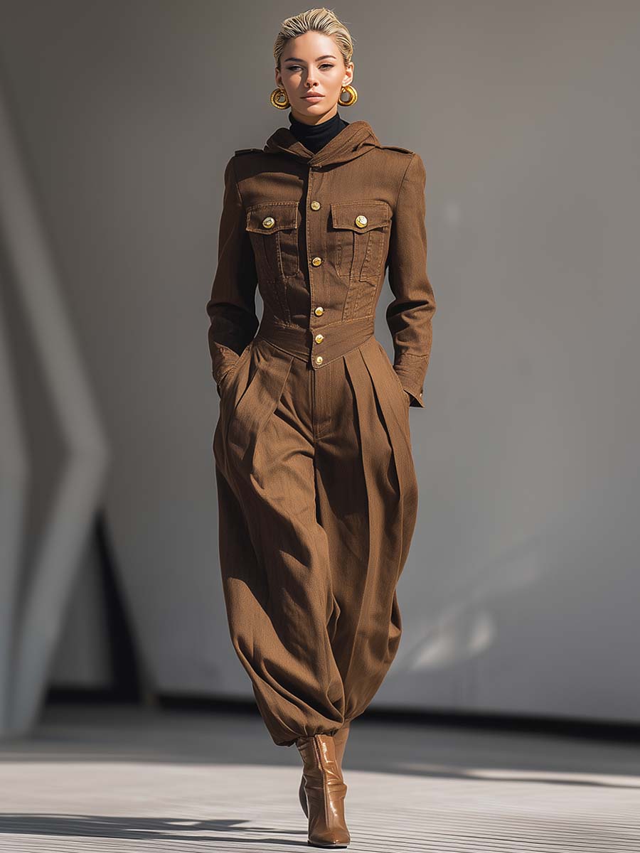 Stylish And Handsome Hooded Front-button Tapered Leg Brown Denim Jumpsuit