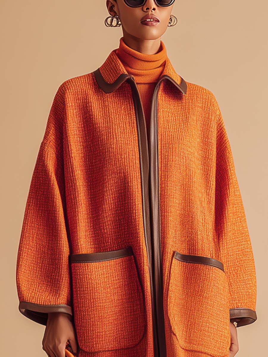 Temperamental And Fashionable Lapel Front Zipper Brown Leather Trim Orange Straight Coat