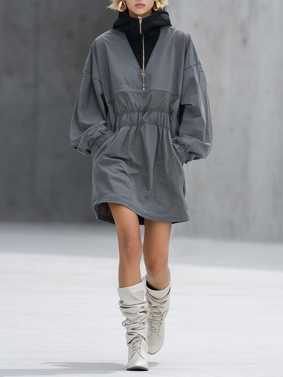 Oakly Fashion™ | Hooded Gray Cotton mini dress