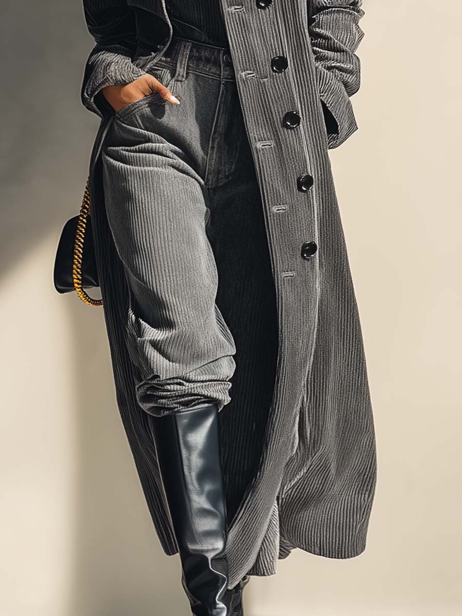 Temperament Street Urban Openable High Collar Front Button Gray Corduroy Coat