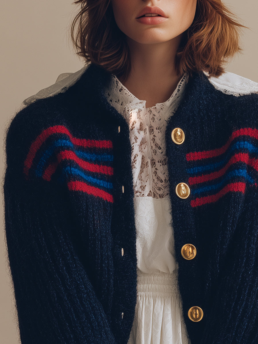 Retro And Fashionable Red And Blue Striped Navy Blue Mohair Knitted Cardigan
