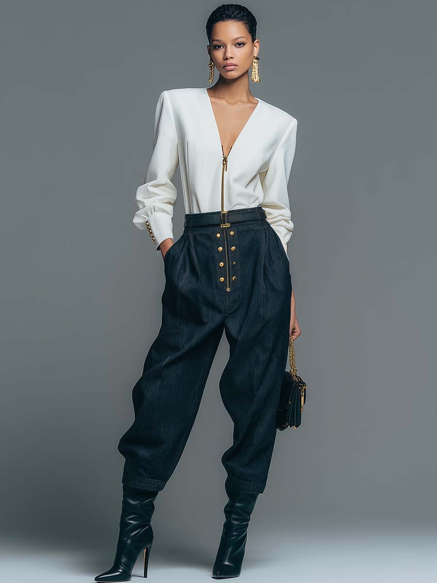 Exquisite And Versatile Urban Metal Studs Decorated Dark Blue Denim Cropped Pants