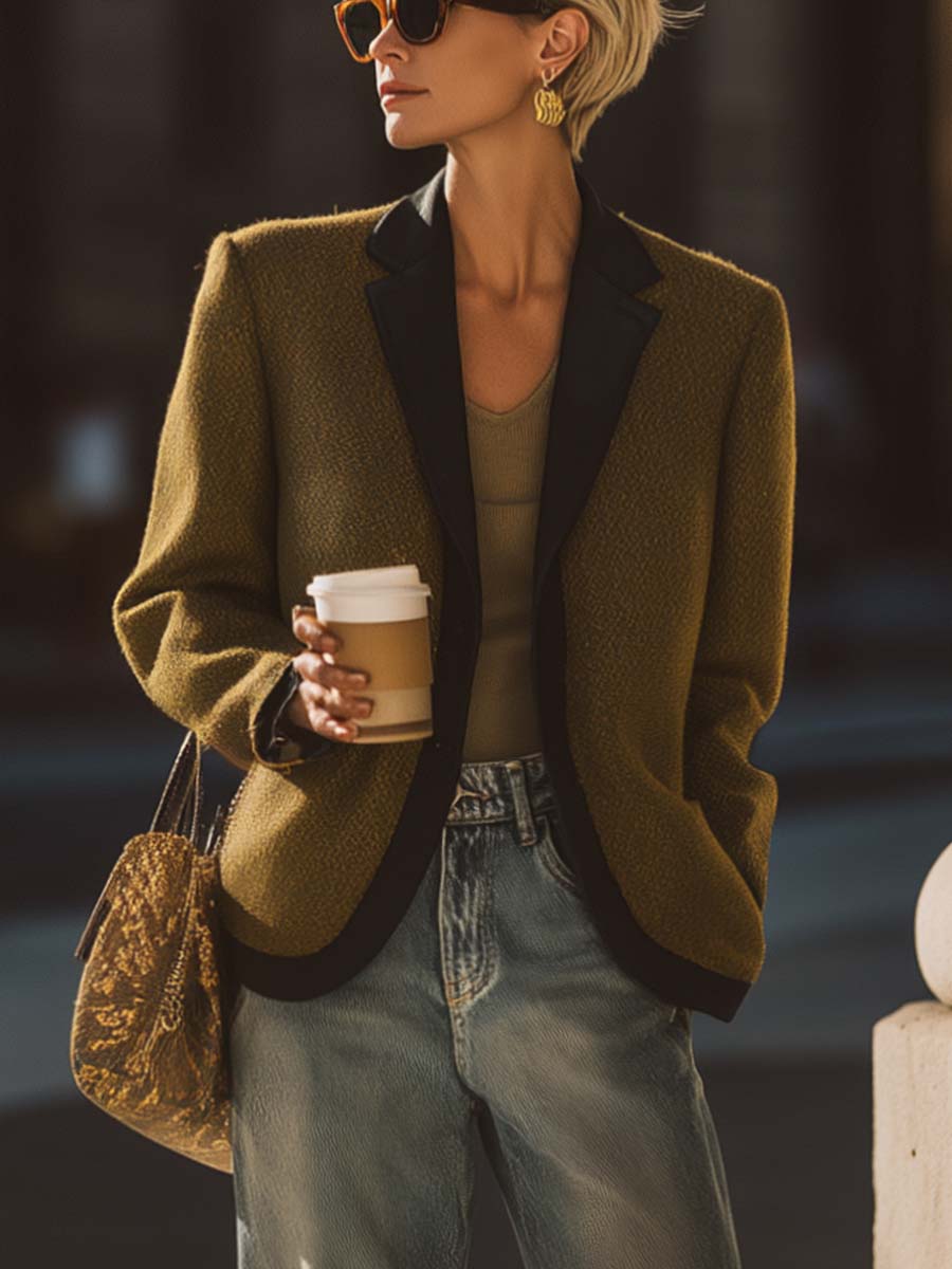 Exquisite Casual Simple Street Contrast Color Notch Lapel Olive Green Jacket