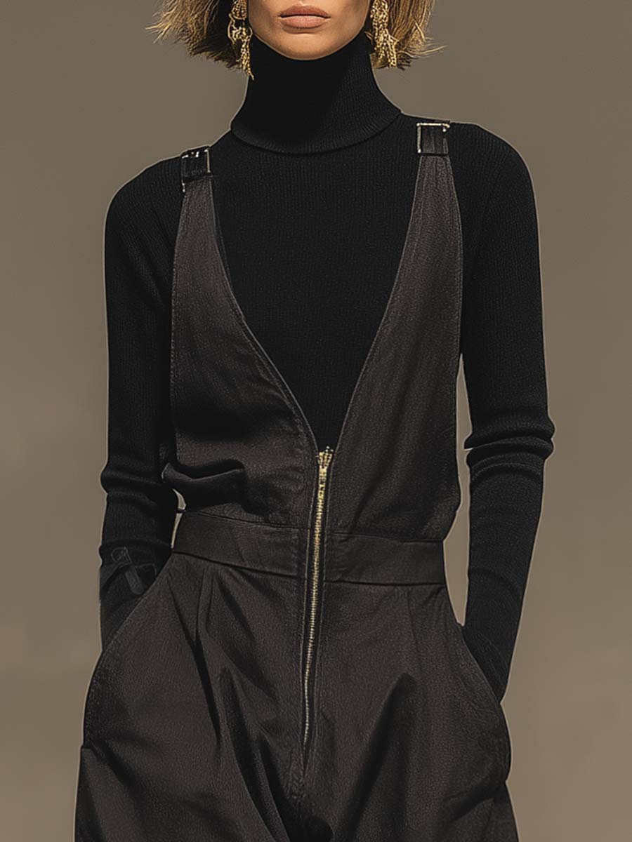Casual Simple Versatile Fashionable V-neck Front Zipper Black High-quality Denim Overalls
