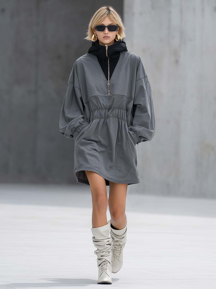 Oakly Fashion™ | Hooded Gray Cotton mini dress