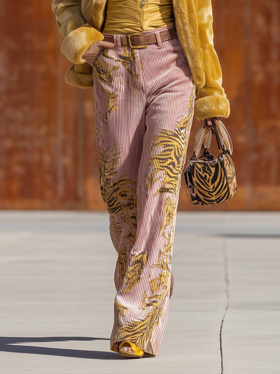 Retro Personality Versatile Street Pink Textured Velvet Tiger Print Pants