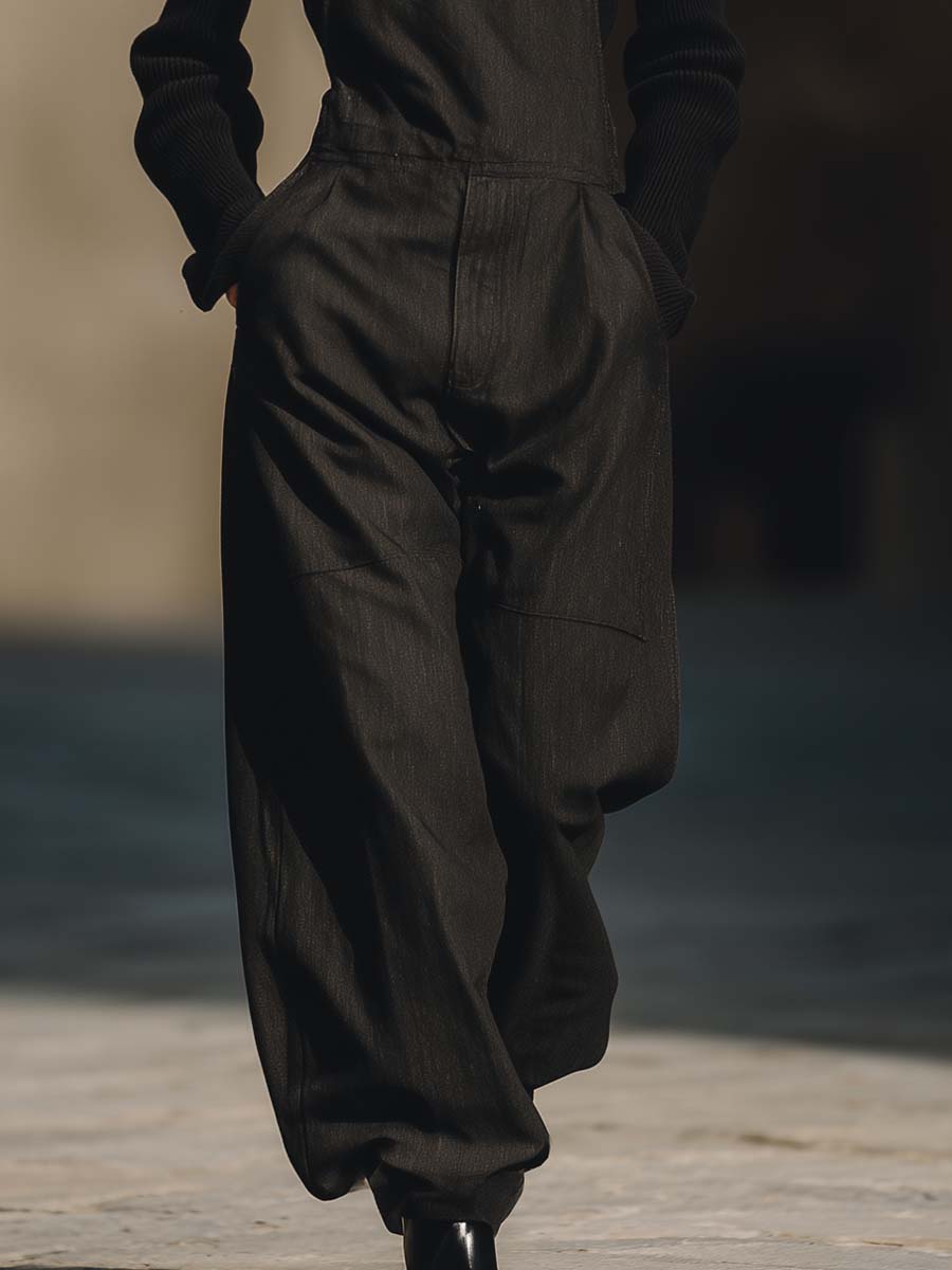 Classic Simple And Versatile Black High-quality Denim Wide-leg Jumpsuit