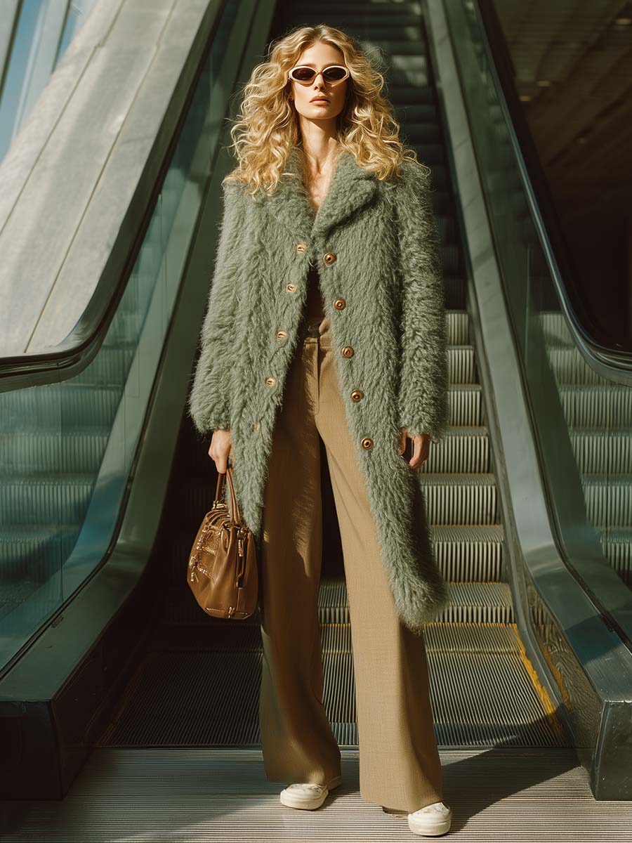 Exquisite Retro Notched Lapel Metal Front Button Bean Green Environmentally Friendly Curly Fur Coat