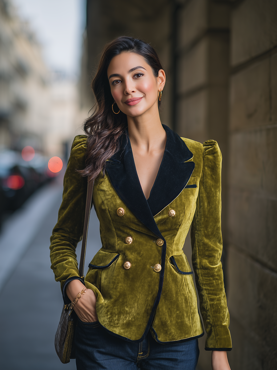 Retro Elegant Contrast Lapel Velvet Blazer