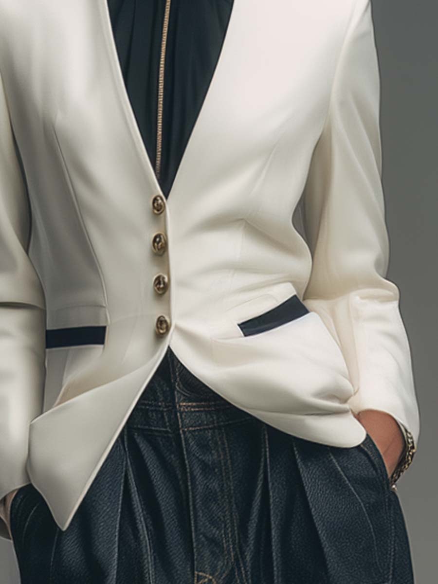 Exquisite And Versatile Urban Collarless Front Button White Satin X-shaped Blazer