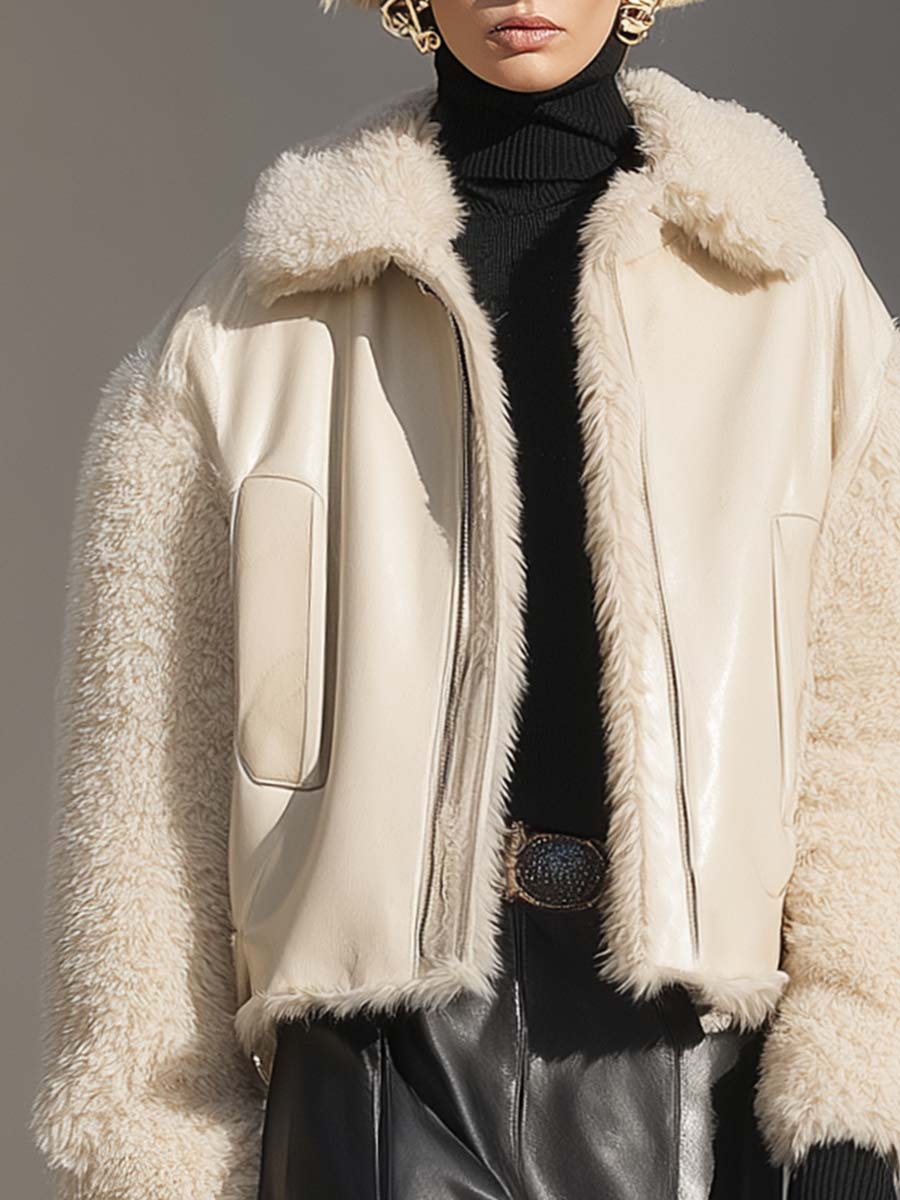 Refined Casual Urban Front Zipper Cream Faux Leather And Faux Fur Collar Jacket