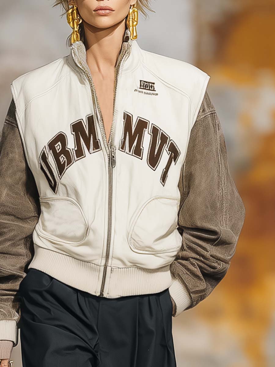 Retro Fashion Sports Lapel Front Zipper Contrast Sleeves Beige Baseball Jacket