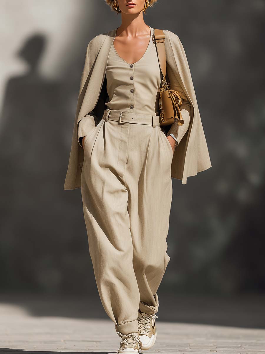 Temperament Street Urban Beige Fake Two-piece Design Shawl Style V-neck Front Buckle Belt Jumpsuit