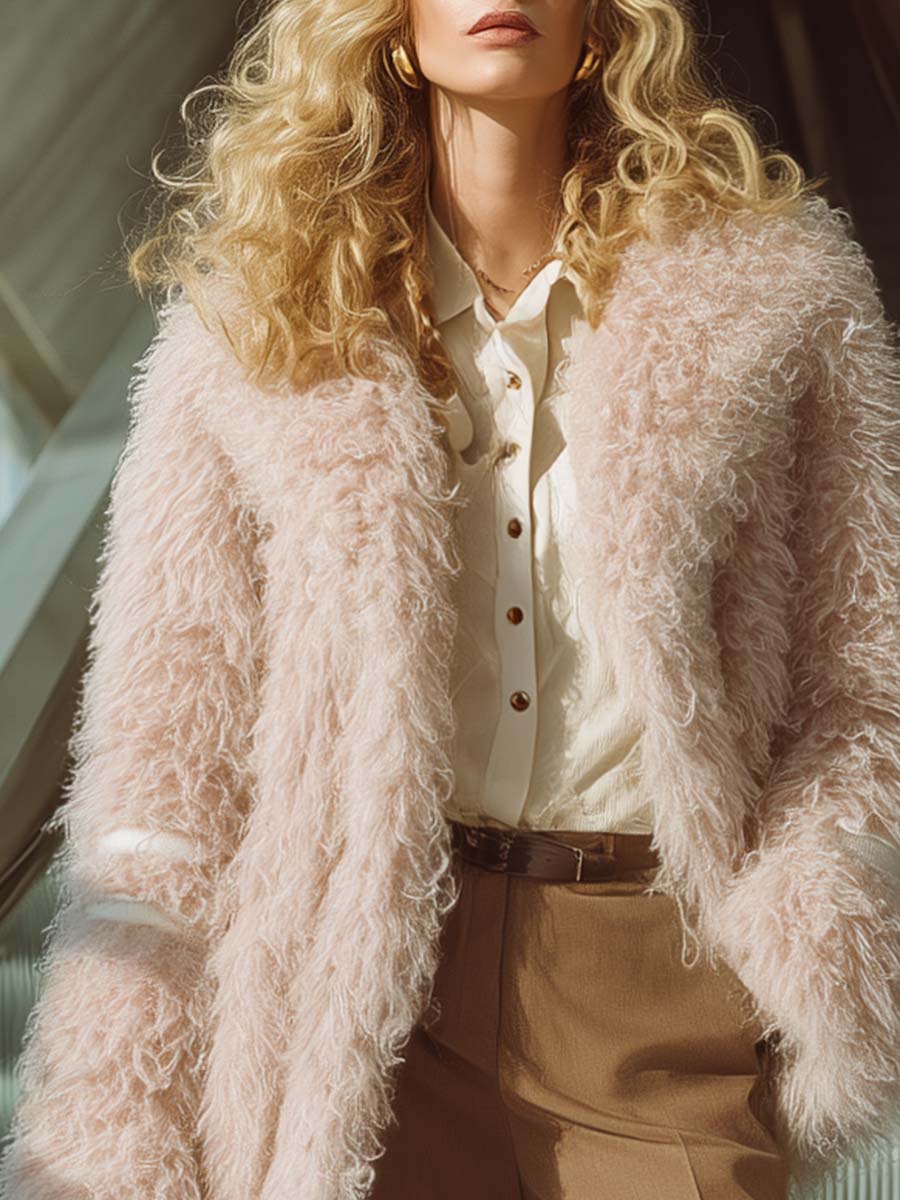 Vintage And Fashionable Versatile Front-opening Light Pink Eco-friendly Curly Fur Coat