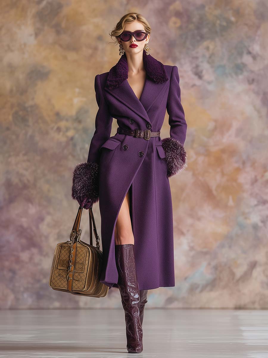 Vintage Purple Fur Collar Woolen Coat With Fur Collar And Belt