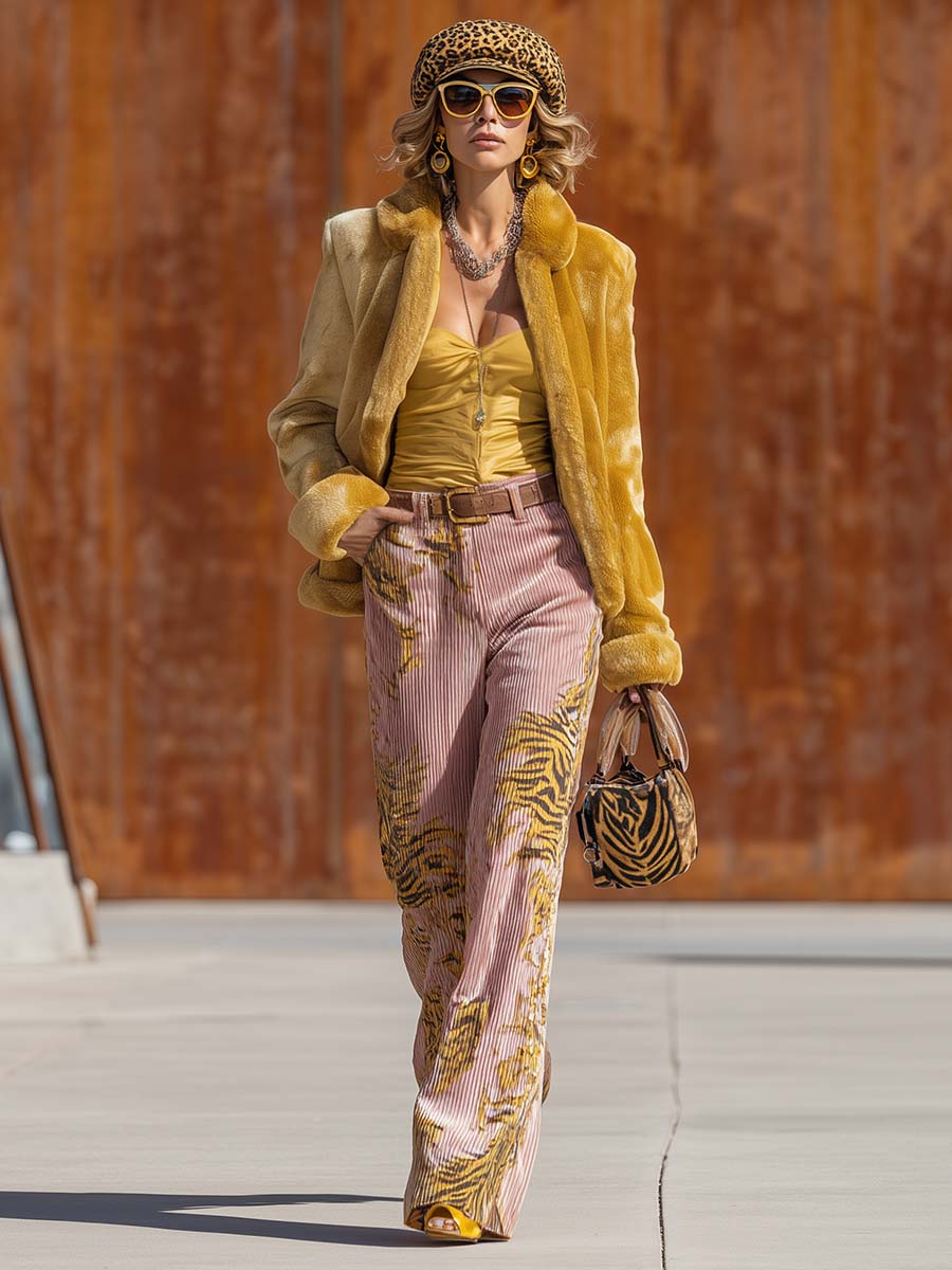 Retro Personality Versatile Street Pink Textured Velvet Tiger Print Pants