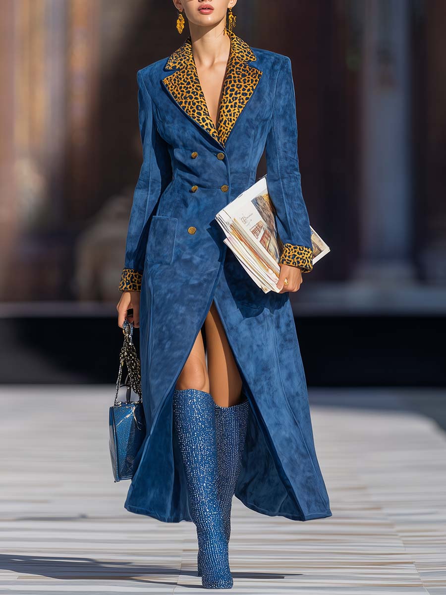 Retro Personality Fashion Brown Leopard Print Notch Lapel Double-breasted Royal Blue Faux Suede Coat