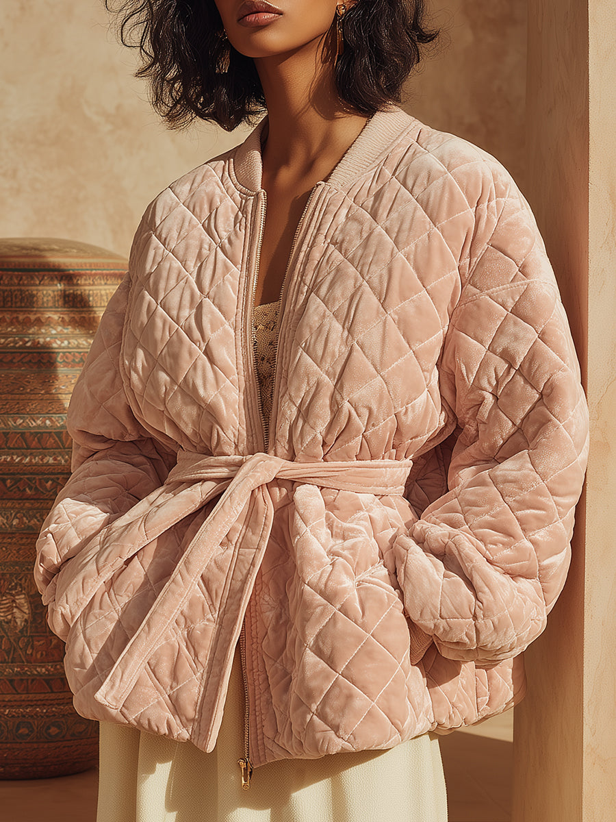 Retro Fashion Round Neck Belted Pink Velvet Quilted Jacket