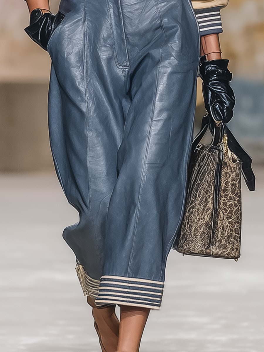Versatile Retro Fashion Contrast Striped Hem Blue Leather Cropped Trousers