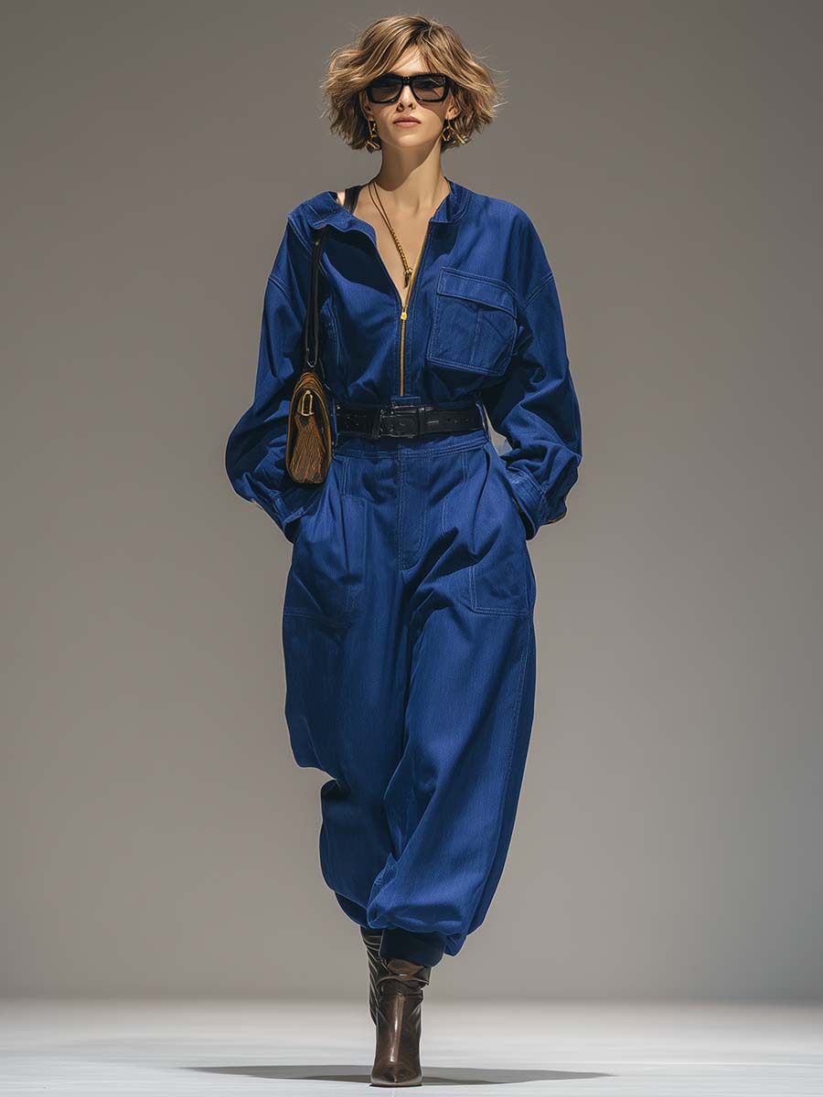 Exquisite Casual Urban Front Zipper Blue Cotton Loose Work Jumpsuit